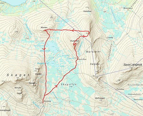 Kart med ca. inntegnet rute.