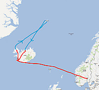 Oversiktskart med reiserute for turen i 2008. Nå i 2011 reiste vi til Dalvik begge veier.