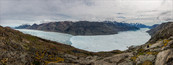 Panorama over fjorden og den store isbreen øst for Narsarsuaq