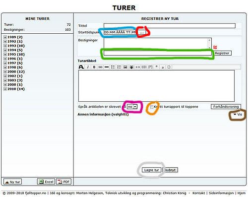 Skjermdump av registreringsbildet for tur.