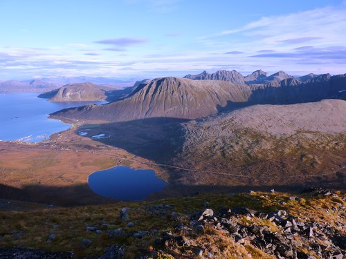 View towards the northeast from Sørtinden, Rekvikvatnet velow and Tromvik at the centre left edge.