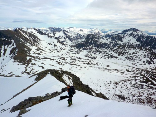 Making out way back down the eastern side of Breitinden on surprisingly good snow