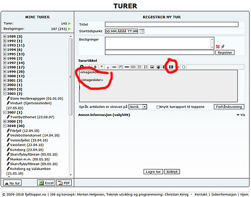 Knapp for å sette inn start og slutt-tagg for en bildeslider er ringet ut. Etter at du trykker på knappen, blir taggene satt inn i artikkelen der markøren stod.