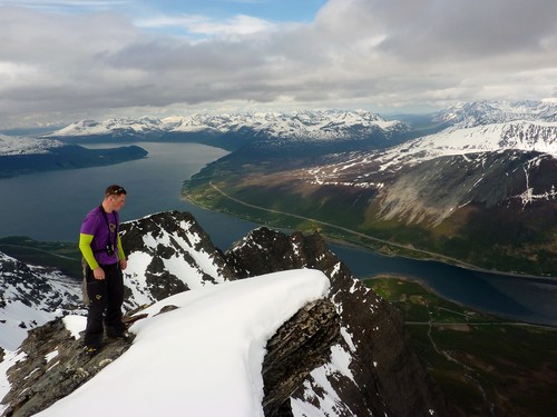 Øystein at the summit, Balsfjord behind - view northwards