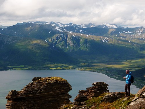 On the descent back to Bentsjorda, Siv enjoys the views north toward Kvaløya