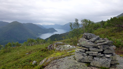 Utsikt frå Gjølnausen mot Honndalsvatnet. Til venstre ligg toppane Vedviknibba og Hestefjellet.