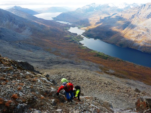 Views down the gully with Sørfjorden and Laksvatnet in the background