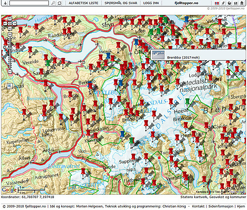 Når man har zoomet langt nok inn på kartet vil grupper opphøre og alle topper vil vises enkeltvis med tegnestifter. Røde er hovedtopper, grønne er sekundærtopper mens blå tegnestifter markerer utsiktspunkt eller kandidattopper. Beveger man musepekeren over en tegnestift får man informasjon om navn og høyde i et eget felt (som vist i illustrasjonen). Klikker man på tegnestiften går man videre til toppens egen side.