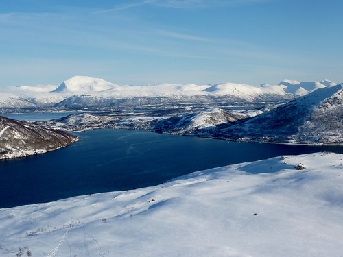 View over Kaldfjord and towards Tromsø and the mainland from the lower slopes of Buren