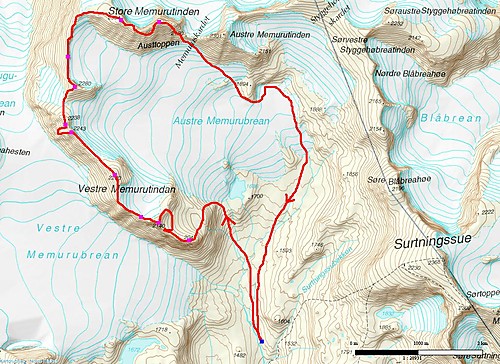 Ruta vår (ps: teltplassen lå lenger sør enn inntegnet, nær 1300-koten).