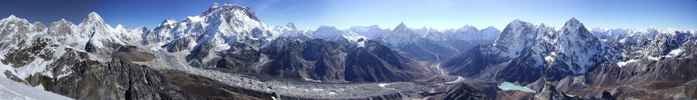 Not bad for a panoramic view from Lobuche East. Definitely one of my most memorable ones :-) Everest can be seen about 1/3 of the way along the picture from the left edge