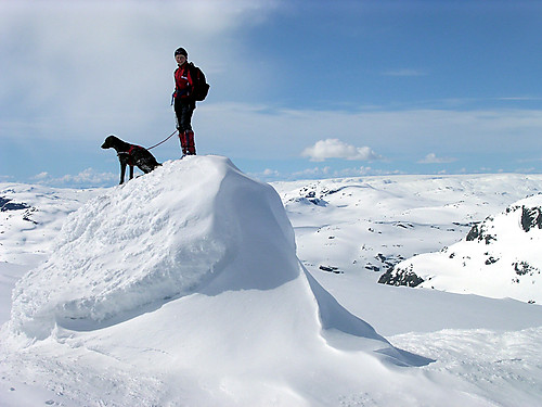 Nedsnødd varde på Vassdalseggi, Folgefonna i bakgrunnen.