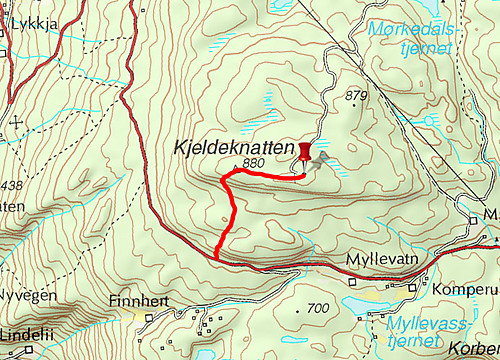 Kartutsnitt over Kjeldeknatten med vår rute inntegnet.