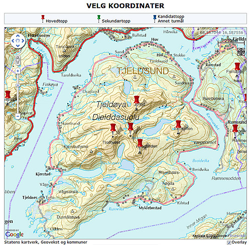 Vinduet som kommer opp når du velger å sette inn koordinater via kartet. Til høyre relativt langt oppe ser du den sorte sikteskiva. Når du har manøvrert deg langt nok inn på toppen, klikker du på den. Denne forandrer så farge til rød og du kan klikke i kartet for å sette inn koordinater i skjemaet.