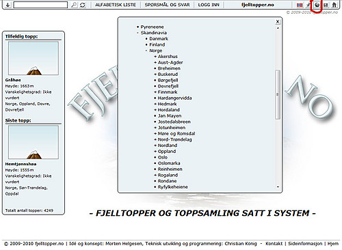 Når man velger globusknappen får man opp et vindu med geografielementer hierarkisk ordnet. Står det et pluss til venstre for navnet, kan man klikke på det for å åpne elementer sortert under dette. Står det et minus til venstre kan man klikke på det for å slå sammen gruppa. Klikker man på selve navnet får man opp ei liste med topper som er registrert under det aktuelle geografielementet.