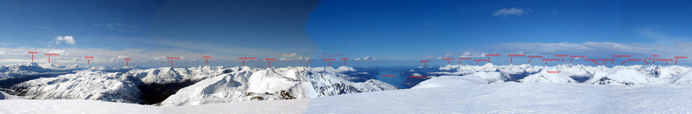 Panorama (1) fra Eidskyrkja. (Jeg har fått god hjelp av Fjellinordvest.net på Sunnmørsalpene).