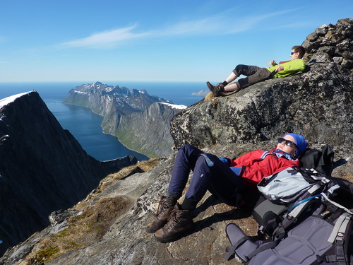 Gregers and Solveig soak up some lush sunshine at the top of 
Breidtind