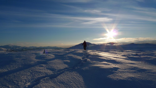 Snø og motlys på vei mot toppen