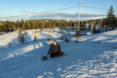 Tøffe Pia karret seg opp til hytta uten ski ved å vasse i råtten snø.