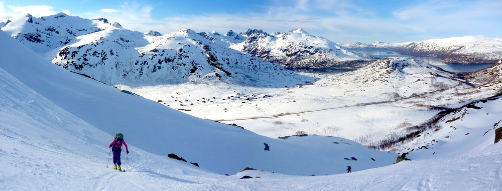 Aline on the way up, Kattfjordeidet and Kaldfjord in the background