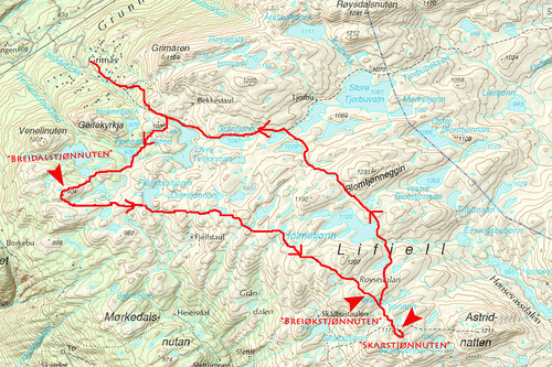 inntegnet rute med toppenes alternative navn