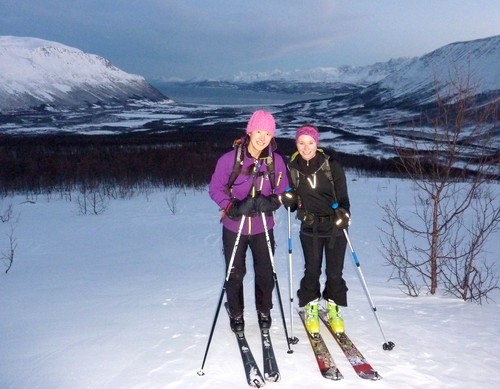 Two happy girls (note colour-coordination here) on skis again!