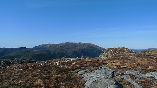 Det høyeste punktet på Skavdalsfjellet er det lille høydedraget til høyre. Ulriken med mast i bakgrunnen