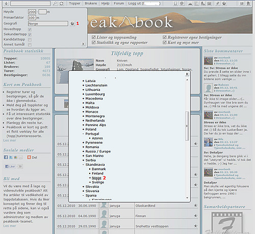 Dersom du er usikkert på geografisk område, men ønsker å gjøre et geografibasert utvalg, klikker du på globusknappen (1) til høyre for geografifeltet. Du får da opp en boks med alle geografielementene på peakbook.org. Mengden kan kanskje virke litt overveldende, men de er hierarkisk og logisk sortert, så det burde være relativt kjapt å finne frem likevel. I eksempelet er det topper i Norge (2) vi ønsker å plukke ut. Vi klikker derfor på Norge og Norge blir satt inn i geografifeltet og boksen lukkes. Dersom man ønsker å gå tilbake uten å velge noe, klikker man på krysset øverst til høyre i boksen.