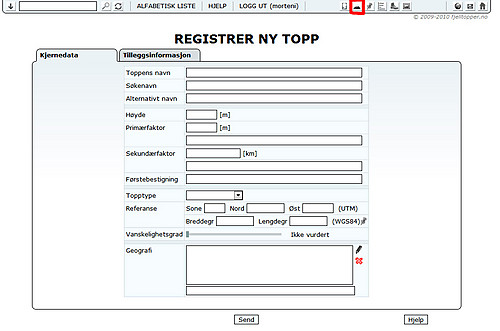 Skjemaet når går inn for å registrere en ny topp. Knappen man trykker på for å komme hit er merket av med rødt på menylinja øverst i illustrasjonen.