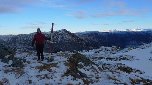 Toppen og trig-punktet på Såtefjellet. Bruviknipa i bakgrunnen