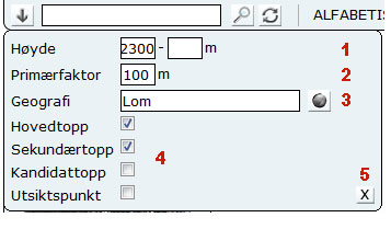 Nærbilde av søkeboksen. I feltet merket med (1) angir man høyde. Man kan enten oppgi høyde fra-til eller kune en av delene. Skriver man inn høyde kun i det venstre feltet vil filtre gjelde for topper med høyde fra og med det man har oppgitt, og tilsvarende i det høyre feltet til og med angitt høyde. Med felt (2) kan man filtrere bort topper med primærfaktor under et visst antall meter. Med felt (3) kan man begrense søket til kun å gjelde et geografisk element eller område. Dette kan enten skrives rett ut. Man kan også forkorte med * eller %. Alternativt kan man klikke på globusen til høyre for feltet for å få opp en boks hvor man kan velge geografisk område. Avkrysningsboksene angir hvilke topptyper man ønsker å ta med i søket. Ønsker man også å inkludere f.eks. utsiktspunkt, må man passe på at dette er krysset av. (5) er en knapp for å lukke de utvidede søkefunksjonene. Dette kan også gjøres ved å klikke på pila helt oppe til venstre en gang til. 