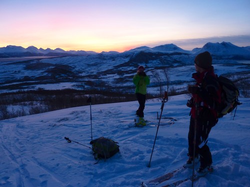 A pause to take pictures and change clothes. Bentsjordtinden is at the right edge of the photo