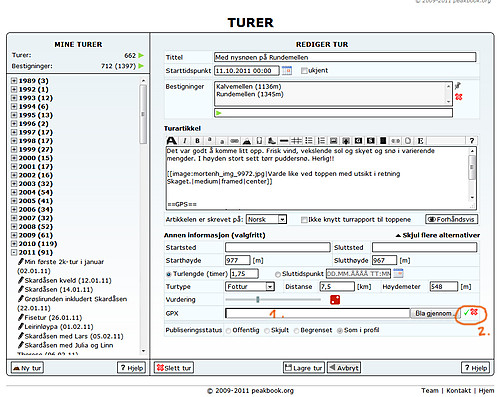 Skjermdump av turrapportvinduet etter at gps-spor er vellykket lastet opp. Plassering av symbolene (2) er noe ulikt fra nettleser til nettleser.