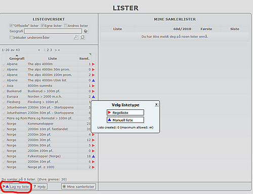 Når du klikker på knappen for å Lage ny liste får du først opp et vindu hvor du blir bedt om å velge regelliste eller manuell liste.