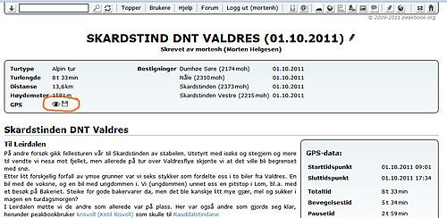 Når man går inn på en turrapport som har et GPS-spor lagt til seg, får man opp et eget punkt i faktaboksen som heter GPS med to symboler.