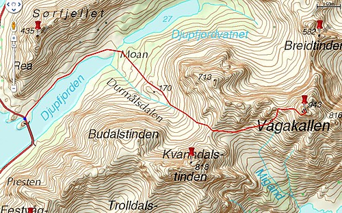 Grovt inntegnet rute til Vågakallen